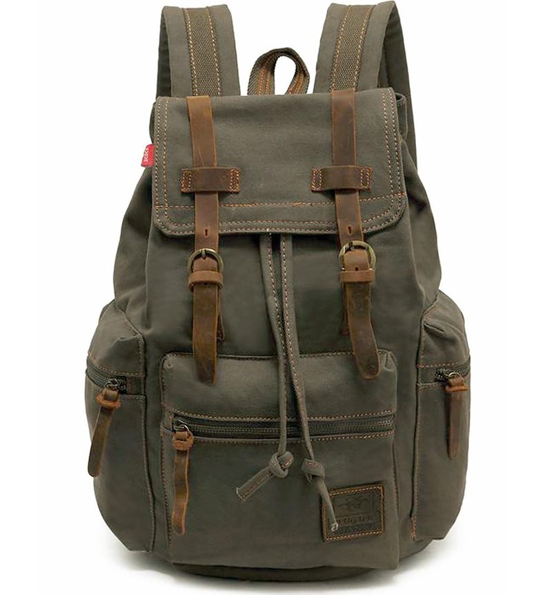 HuaChen Vintage Canvas Backpack with Leather Accents Ã¢â‚¬â€œ Durable Travel Rucksack for Hiking, Camping, and Everyday Use for Men and Women - M32 Army Green L - Image 1